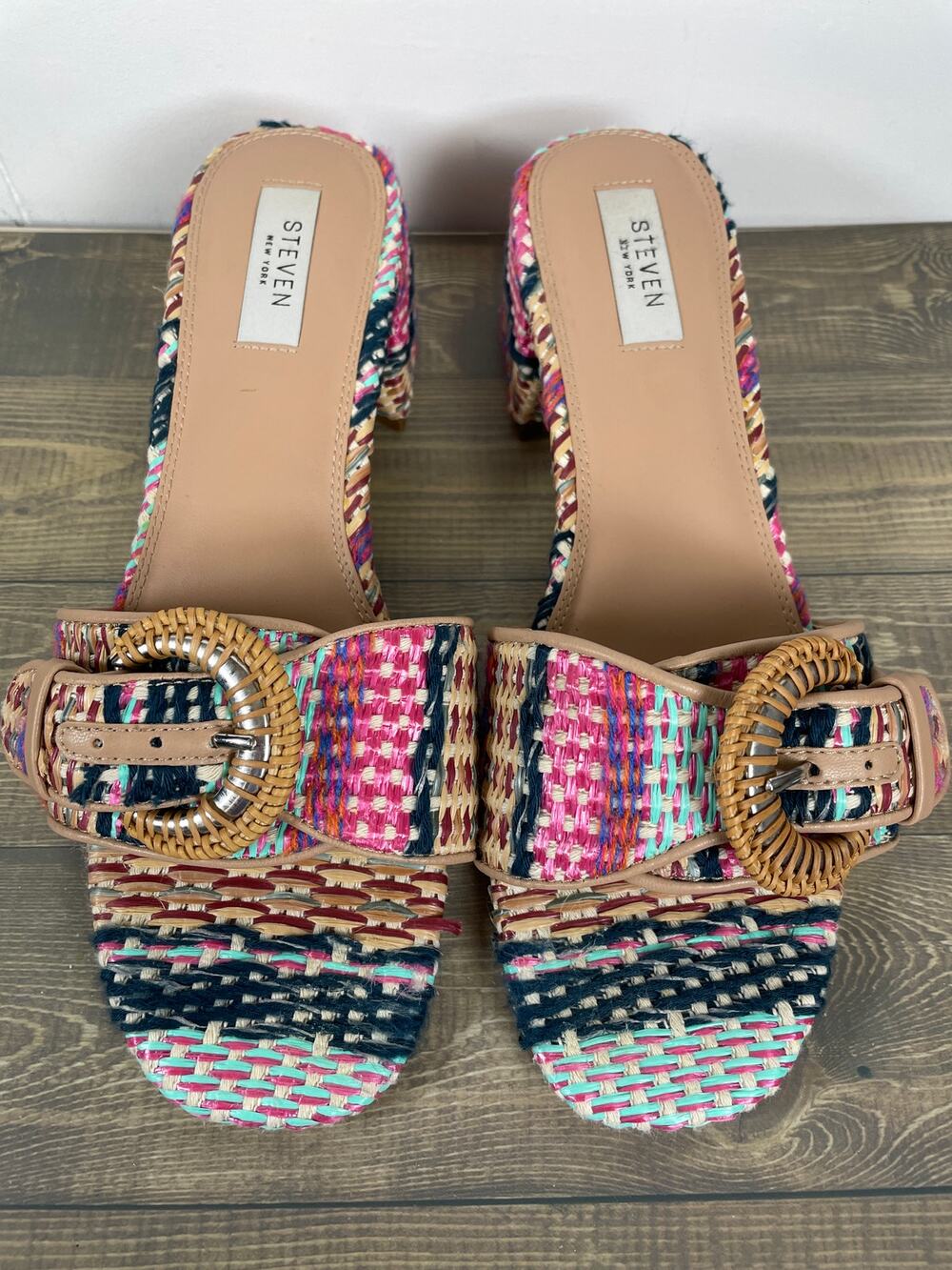 STEVEN NEW YORK Blythe Multicolor Woven Raffia Block Heel Sandals Sz 10M